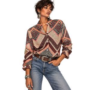 Allison Daley Vintage Geometric Patchwork Print Button Up Blouse Western Boho L